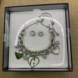 Guess NIB Silver Tone Heart Charm Slide Bracelet Earrings Set